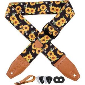 floral guitar strap cotton leather ends for acoustic electric bass with picks
